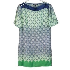 Axara Kelly Green and Navy Geometric‎ Print Sheath Boat Neck Dress EU 36